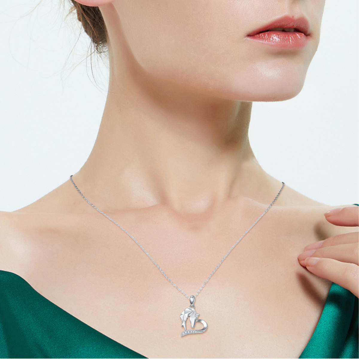 Sterling Silver Origami Horse Heart Pendant Necklace-6