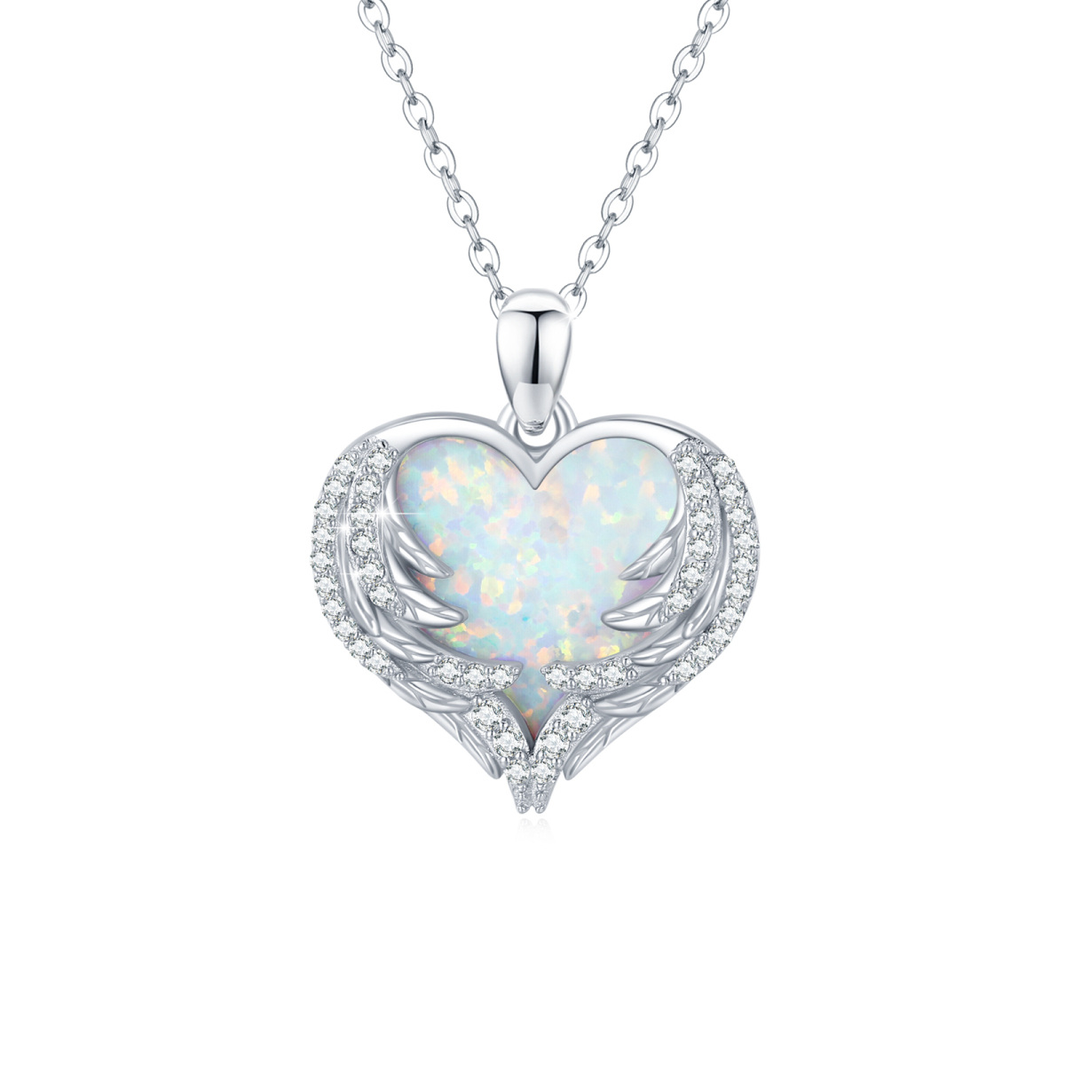 Sterling Silver Heart Shaped Opal Angel Wing & Heart Pendant Necklace-1