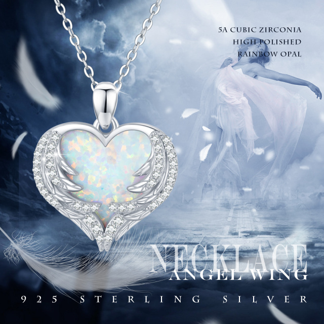 Sterling Silver Heart Shaped Opal Angel Wing & Heart Pendant Necklace-4