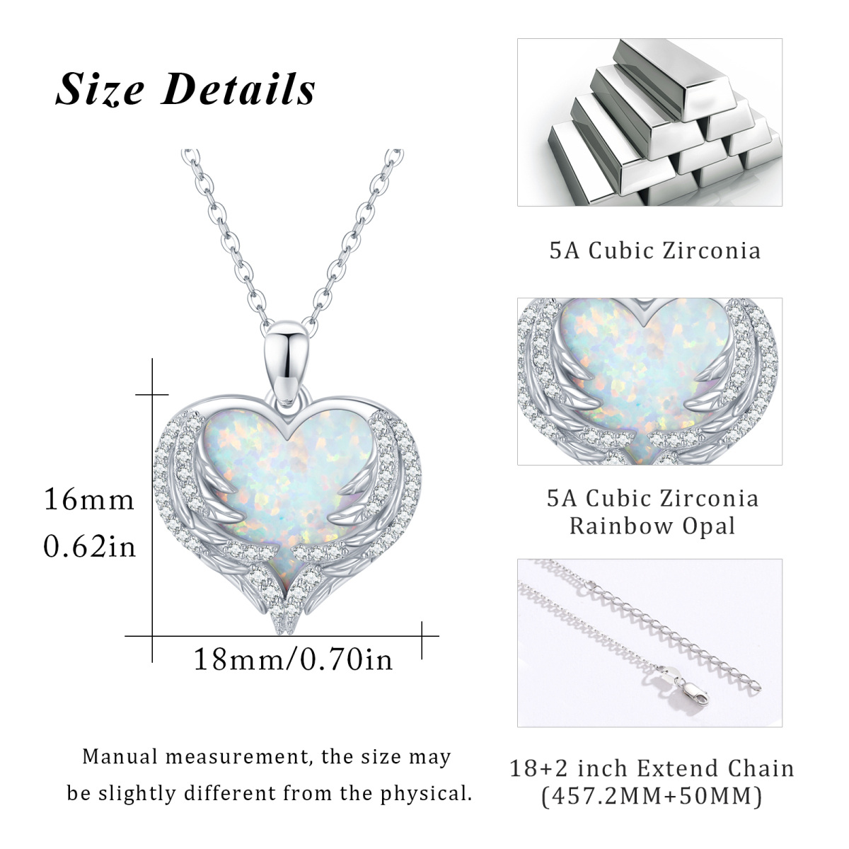 Sterling Silver Heart Shaped Opal Angel Wing & Heart Pendant Necklace-6