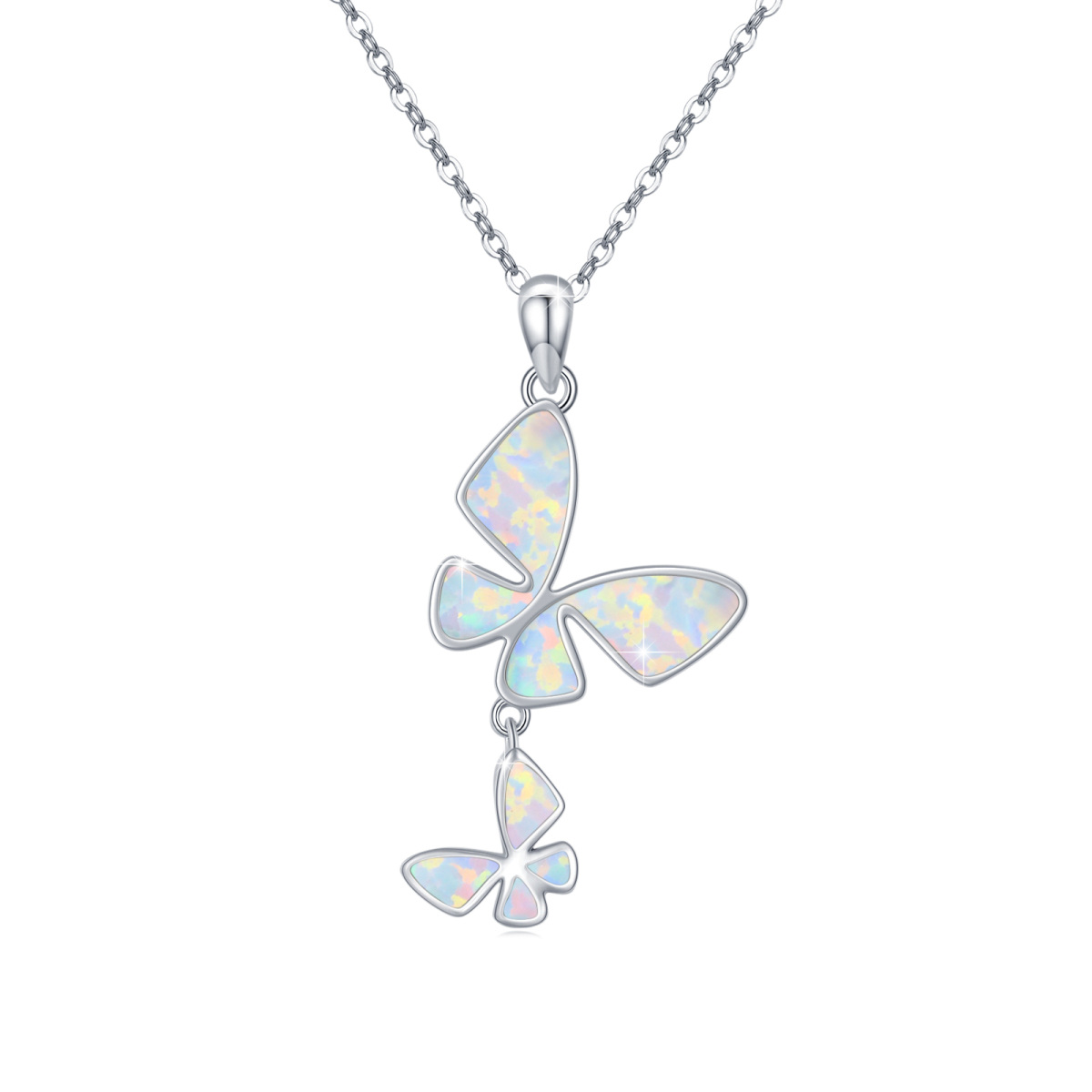 Sterling Silver Opal Butterfly Pendant Necklace-1