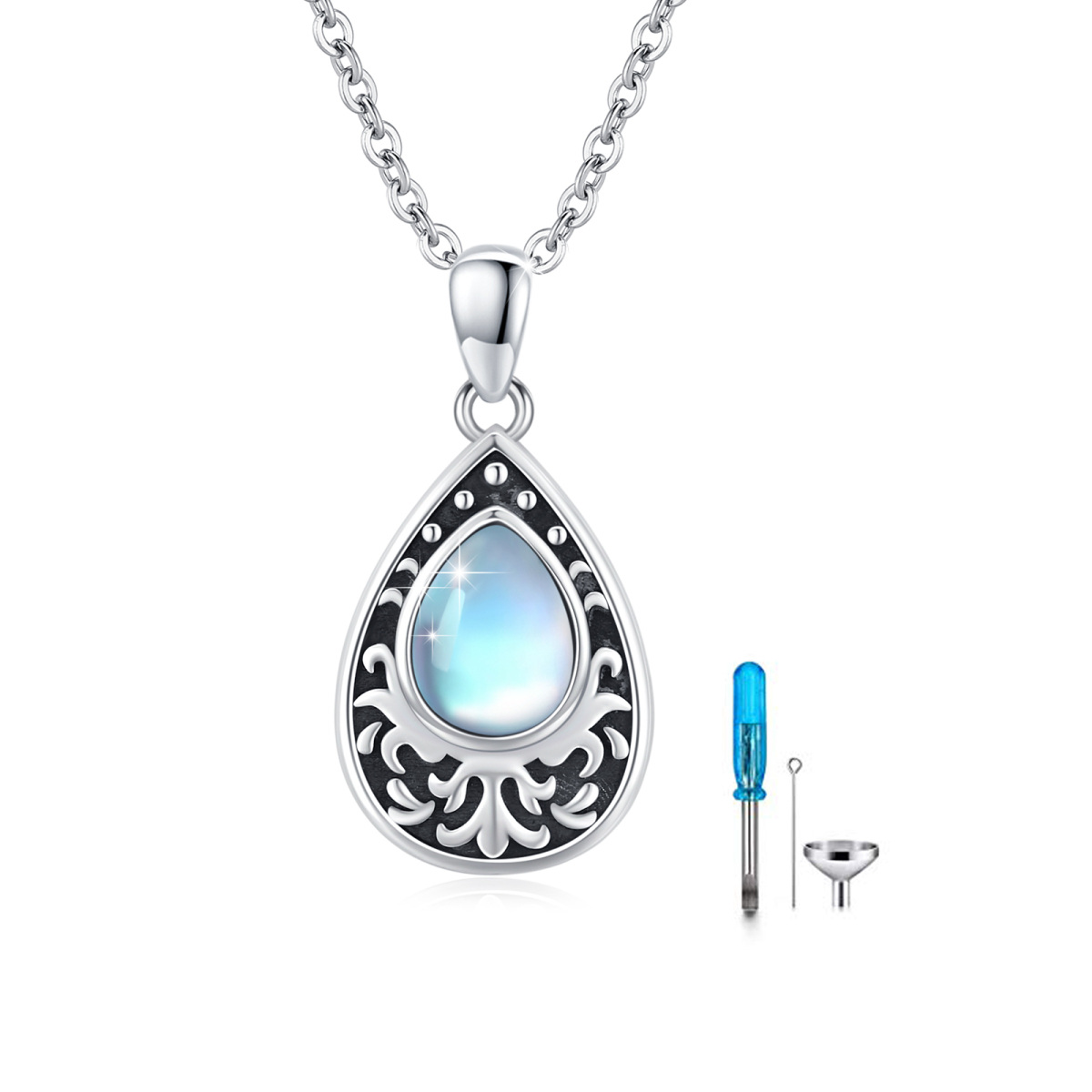 Sterling Silver with Black Plated Moonstone Drop Shape Urn Necklace for Ashes-1