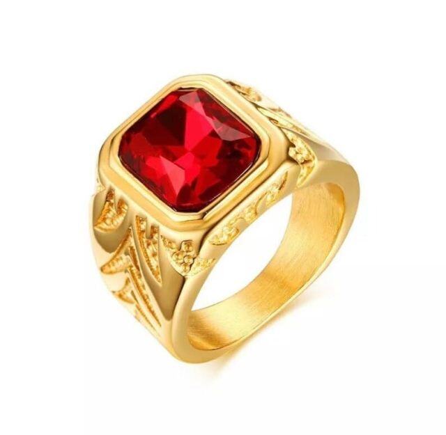 10K Gold Princess-square Shaped Garnet Vintage Pattern Square Ring for Men-2