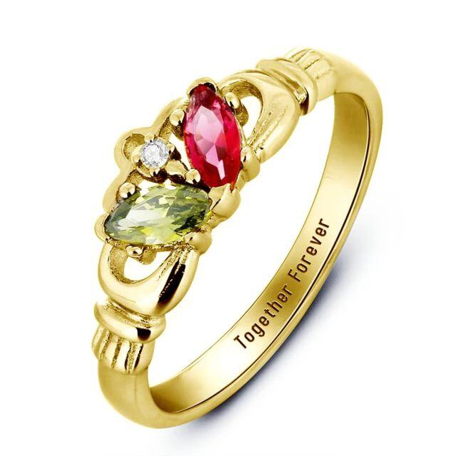 10K Gold Claddagh Personalized Birthstone & Personalized Engraving Birthstone Ring-3