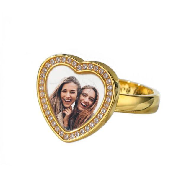 10K Gold Cubic Zirconia Personalized Engraving & Personalized Photo & Heart Ring-3