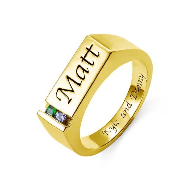 10K Gold Cubic Zirconia Personalized Birthstone & Personalized Engraving Ring for Men-2