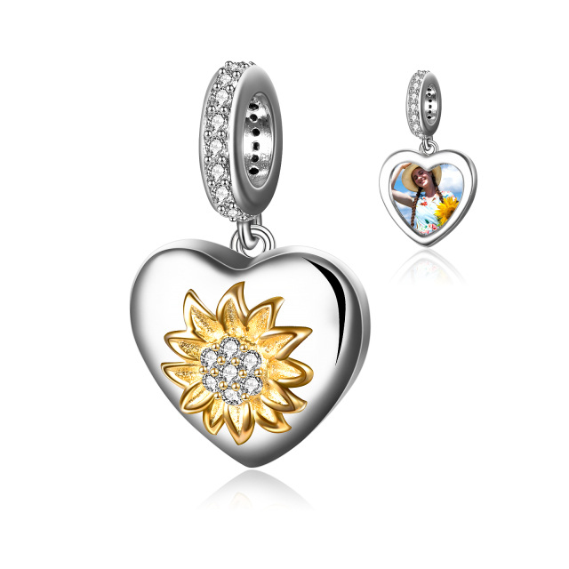 Sterling Silver Two-tone Zircon Sunflower Dangle Charm-0