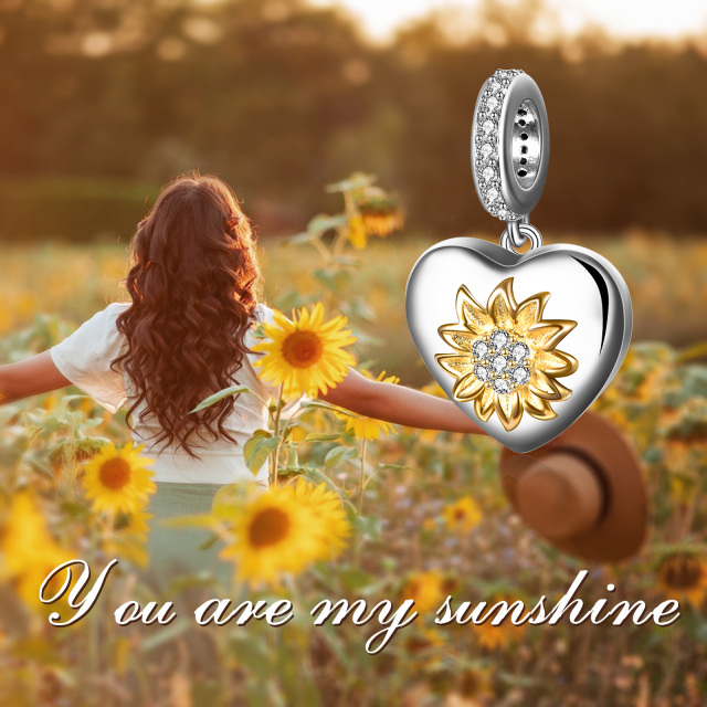 Sterling Silver Two-tone Zircon Sunflower Dangle Charm-6