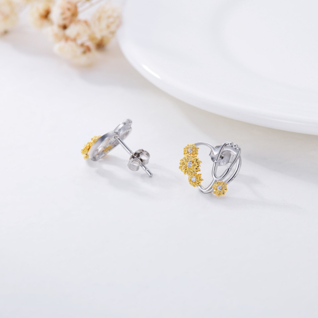 Sterling zilveren tweekleurige cubic zirconia zonnebloem en stethoscoop oorbellen-4