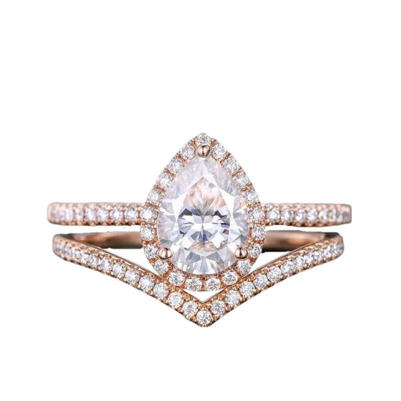 Sterling Silver with Rose Gold Plated 1CT Pear Shaped Moissanite Engagement Ring Set