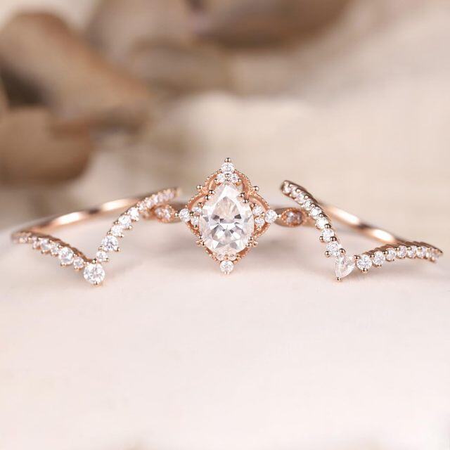 Bague de fiançailles en or rose 10K 1CT Moissanite couronne en forme de poire-4