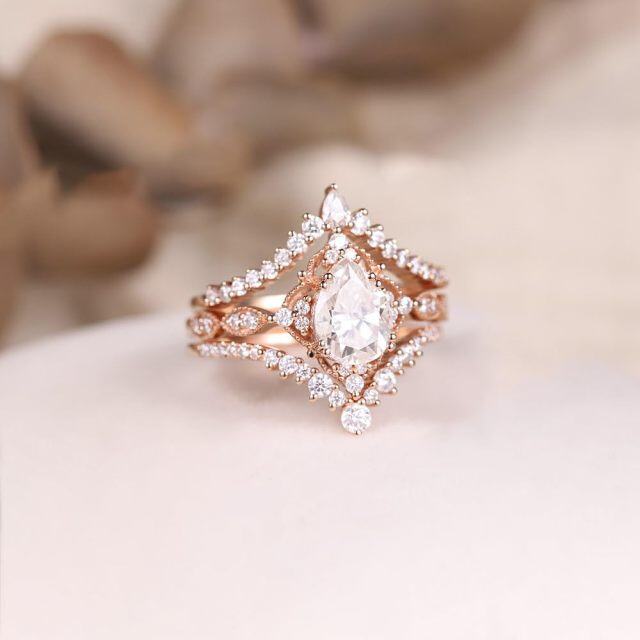 Bague de fiançailles en or rose 10K 1CT Moissanite couronne en forme de poire-3