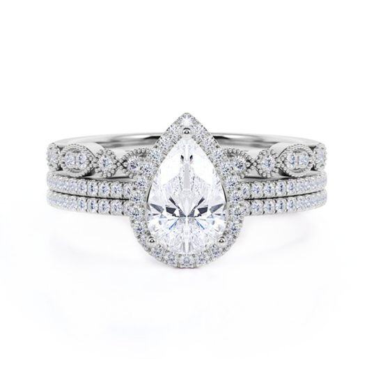 Sterling Silver 1CT Pear Shaped Moissanite Engagement Ring Set
