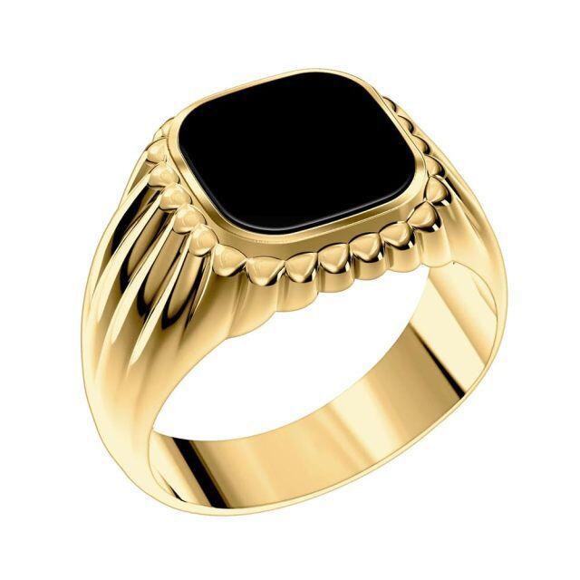 10K Gold Princess-square Shaped Black Agate Personalized Engraving & Square Ring for Men-1