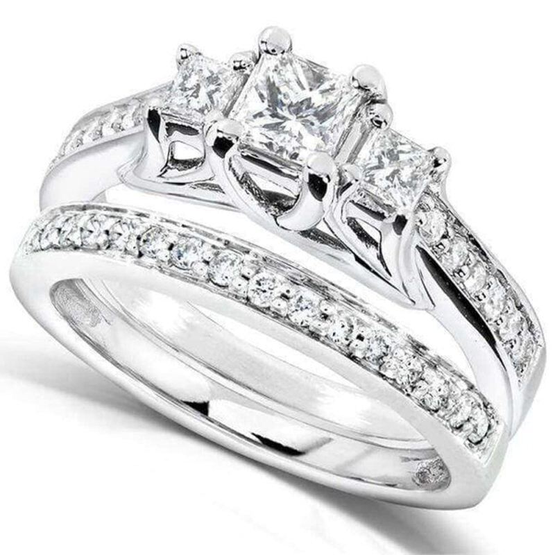 18K White Gold Princess-square Moissanite Personalized Engraving Wedding Ring