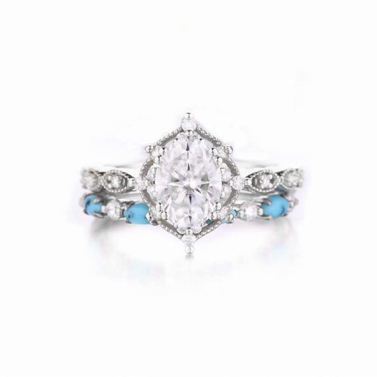 Bague de fiançailles en or blanc 14K 1.25CT Moissanite ovale avec Turquoise