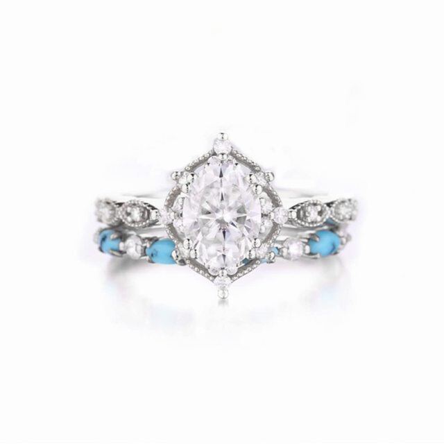 14K White Gold 1.25CT Oval Cut Moissanite Engagement Ring Set with Turquoise-2