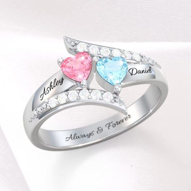 Sterling Silver Personalized Heart Birthstone Engraving Engagement Ring-3