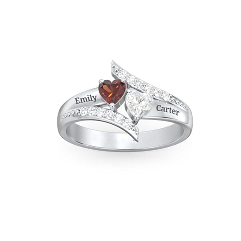 Sterling Silver Personalized Heart Birthstone Engraving Engagement Ring