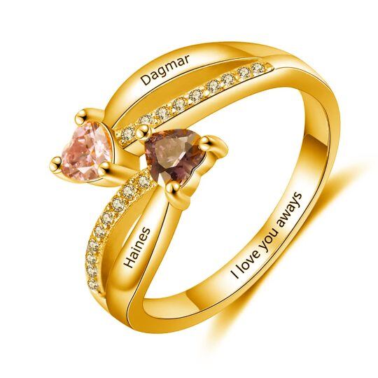 Bague de naissance personnalisée avec pierre de naissance gravée en forme de cœur en or 10 carats et zircone cubique