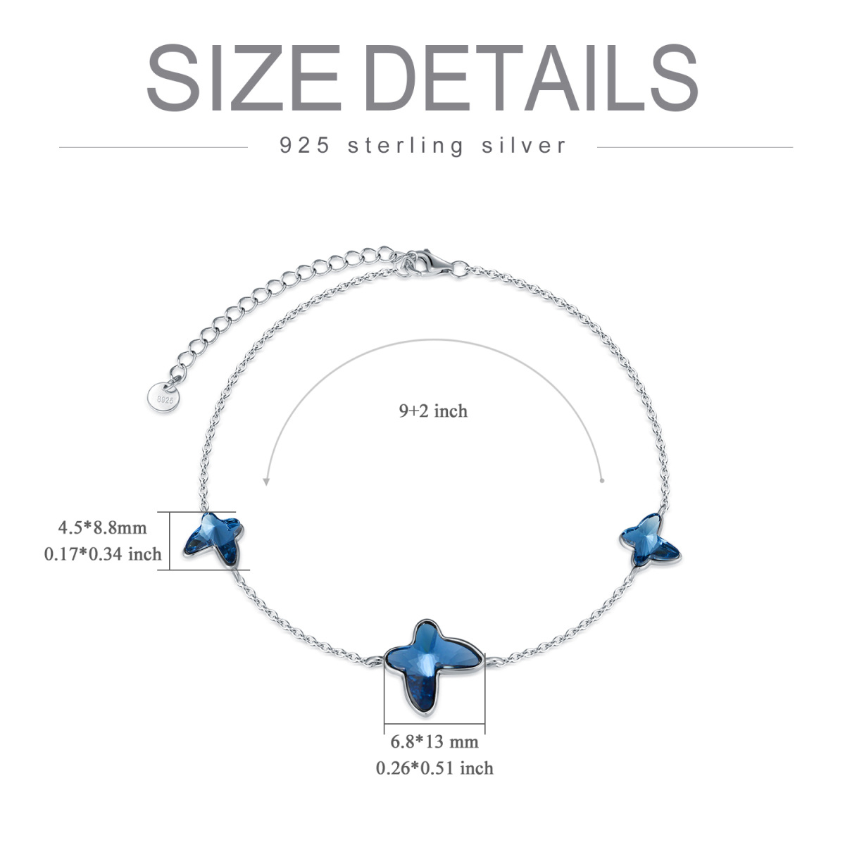 Sterling Silver Crystal Butterfly Single Layer Anklet-6