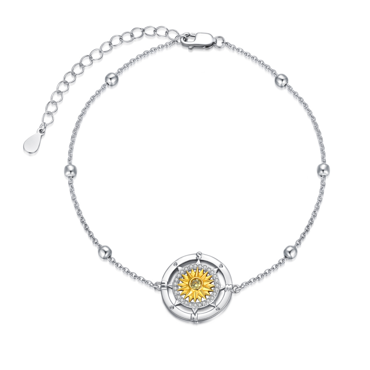 Sterling Silver Two-tone Circular Shaped Cubic Zirconia Sunflower & Compass Pendant Bracelet-1