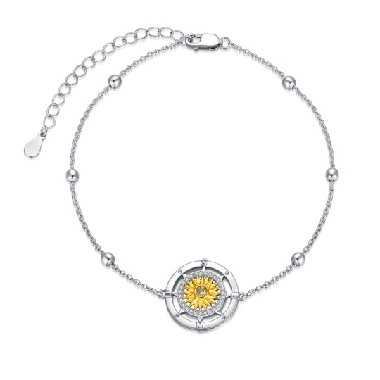 Sterling Silver Two-tone Cubic Zirconia Sunflower Compass Pendant Bracelet