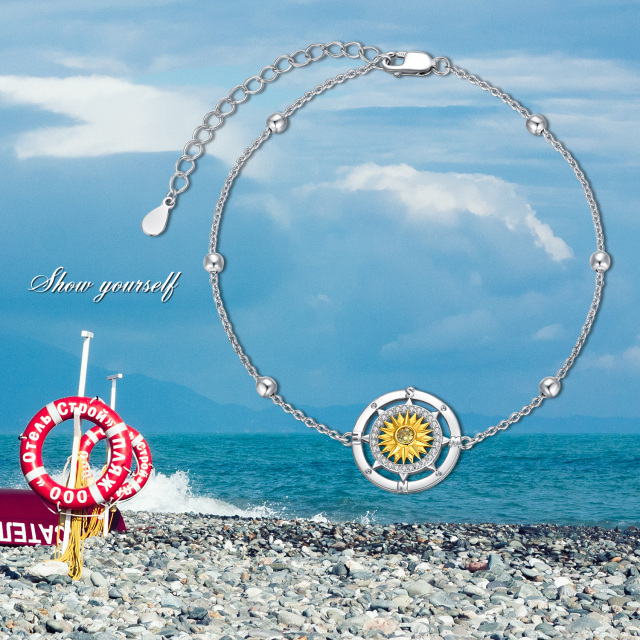 Pulsera Colgante Girasol y Brújula Plata de Ley Bicolor Circular Circonita-5