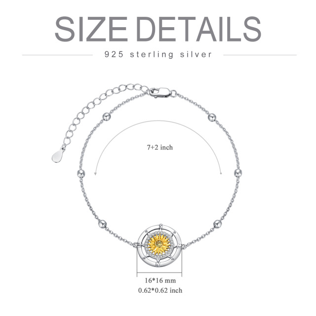 Sterling Silver Two-tone Cubic Zirconia Sunflower Compass Pendant Bracelet-6