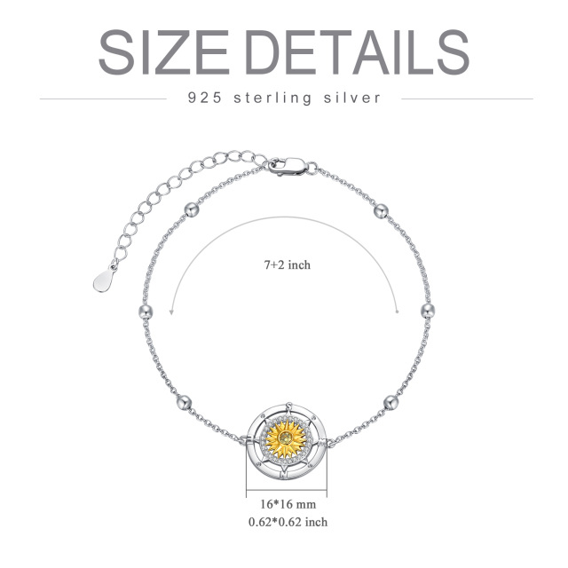 Sterling Silver Two-tone Circular Shaped Cubic Zirconia Sunflower & Compass Pendant Bracelet-6