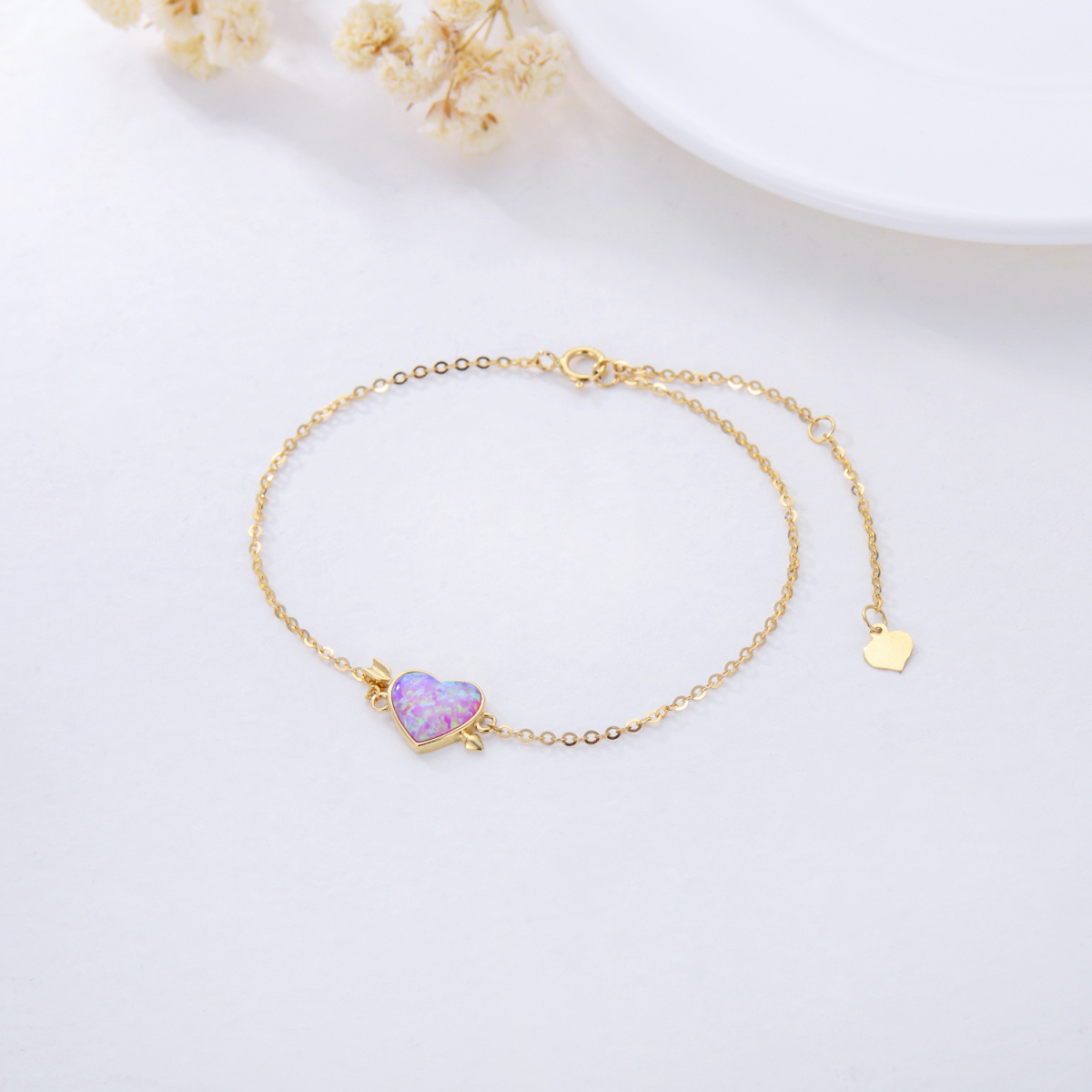 14K Gold Heart Shaped Opal Heart Pendant Bracelet-4