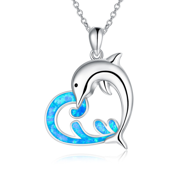 Sterling Silver Opal Dolphin & Spray Pendant Necklace-4