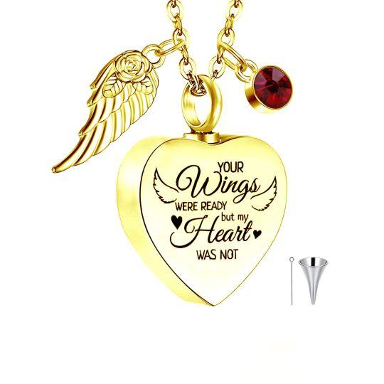 Colar de urna de coração de asa de anjo de pedra de nascimento personalizada de ouro 10K para cinzas com palavra gravada