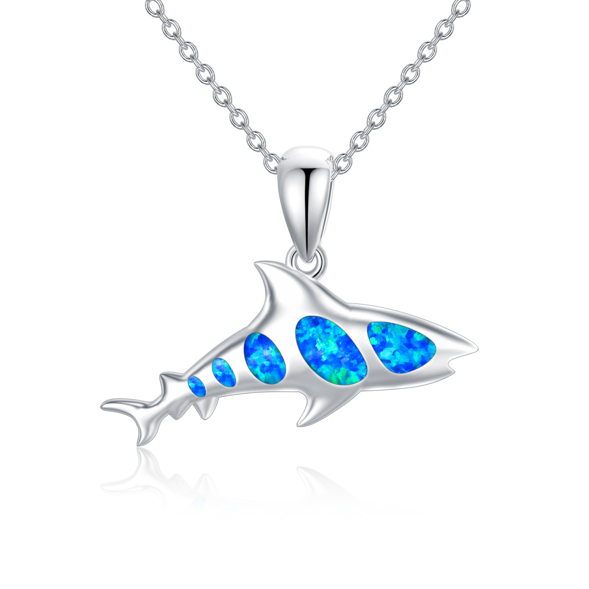 Sterling Silver Opal Shark Pendant Necklace-1