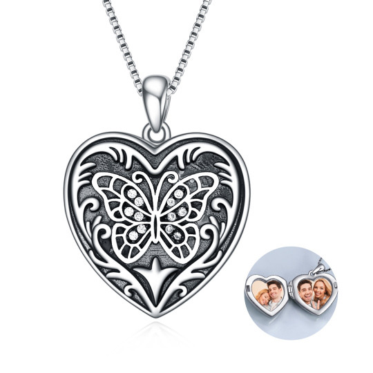 Borboleta de prata esterlina com zircónias cúbicas e foto personalizada Colar de medalhão