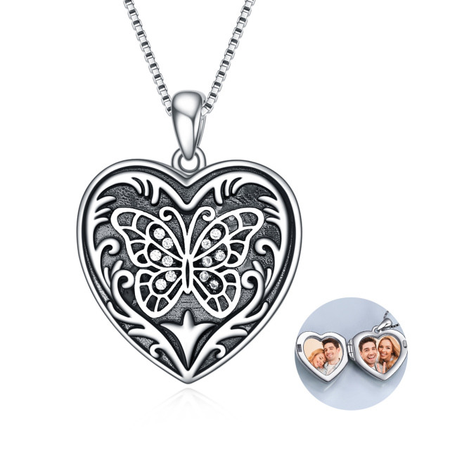 Sterling Silver Cubic Zirconia Butterfly & Personalized Photo Personalized Photo Locket Necklace-1