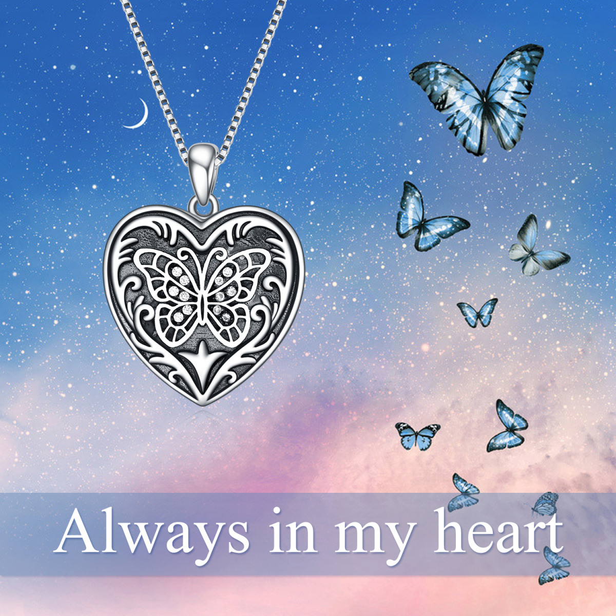 Sterling Silver Cubic Zirconia Butterfly & Personalized Photo Personalized Photo Locket Necklace-6