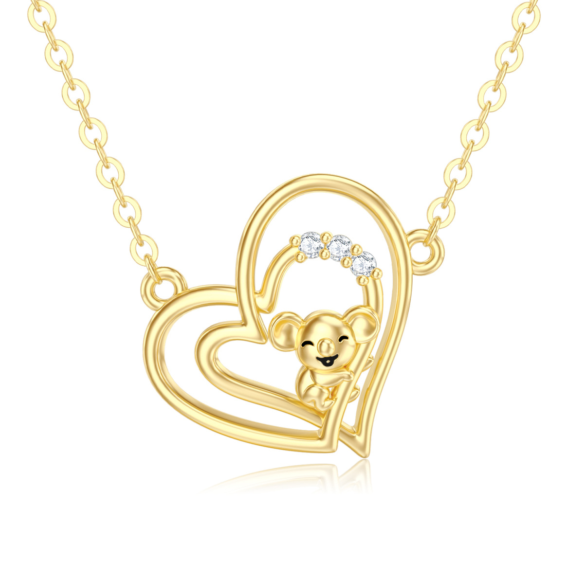 14K Gold Cubic Zirconia Koala & Heart With Heart Pendant Necklace-1