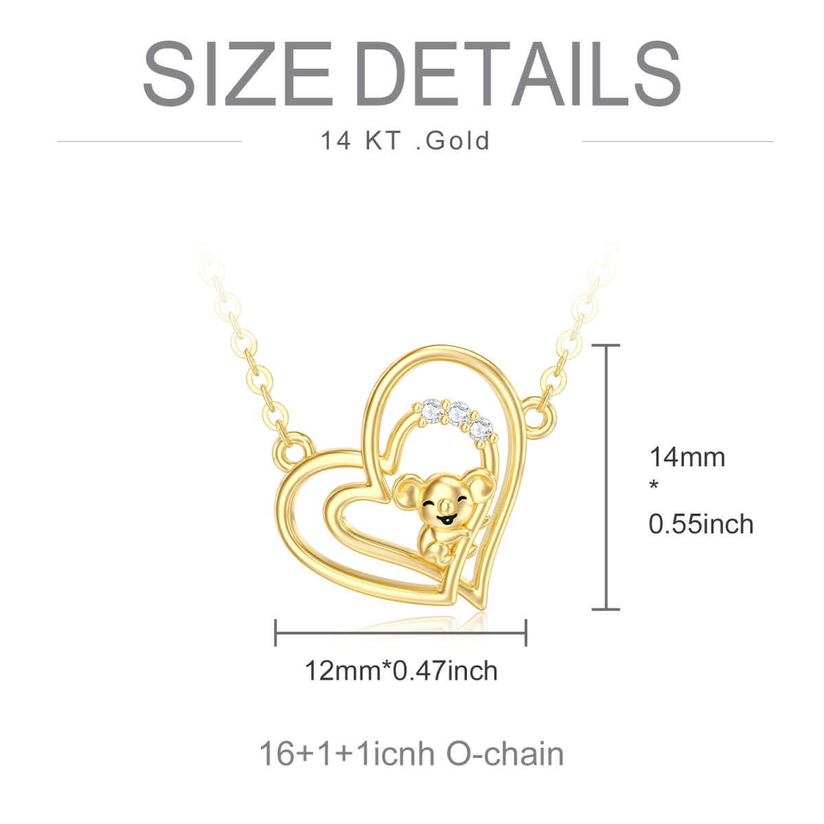 Collar colgante de oro de 14 quilates con circonita cúbica Koala y corazón-6