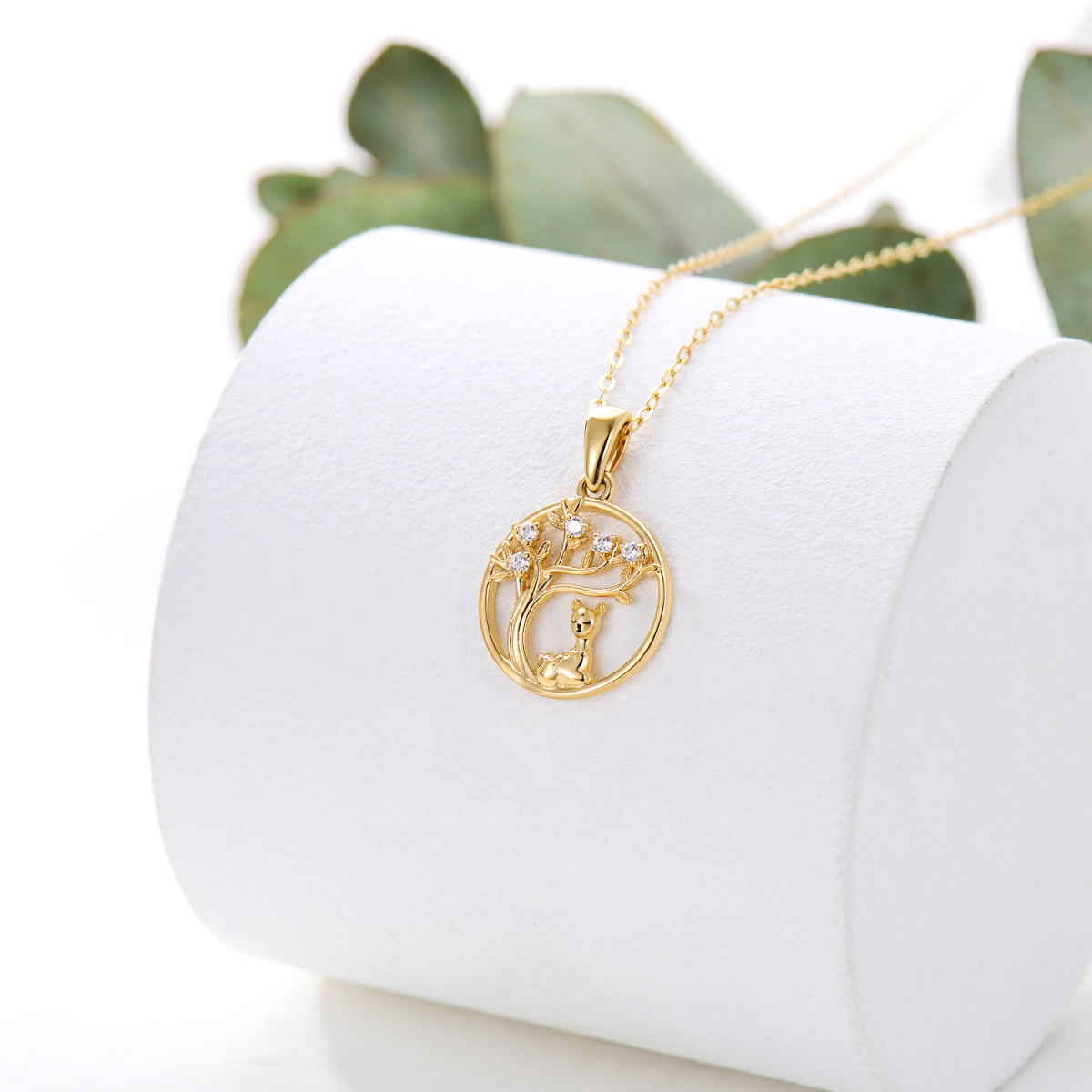 14K Gold Cubic Zirconia Alpaca & Tree Of Life Pendant Necklace-3