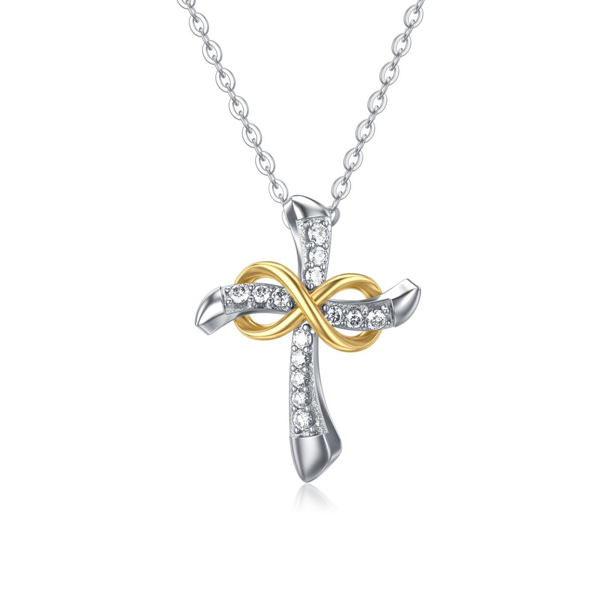14K White Gold & Yellow Gold Circular Shaped Moissanite Cross & Infinity Symbol Pendant Necklace-1