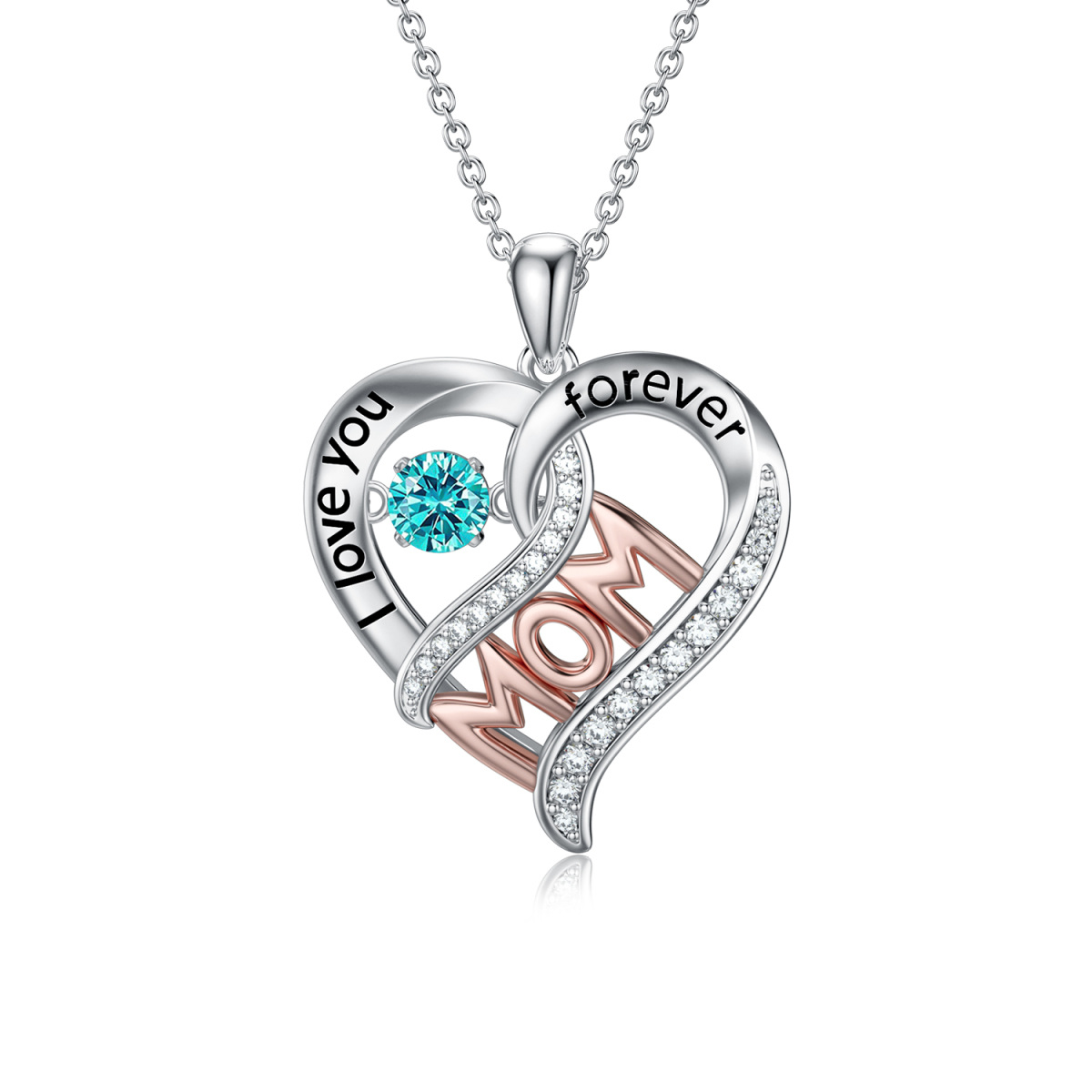 Sterling Silver Two-tone Heart Shaped Crystal Mother & Heart Pendant Necklace with Engraved Word-1