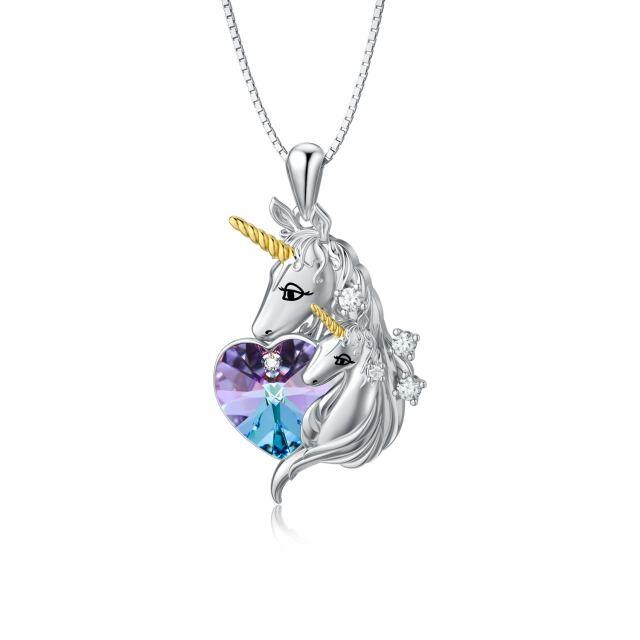 Sterling Silver Heart Shaped Crystal Unicorn Pendant Necklace-1