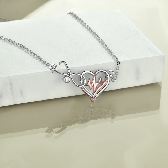 Sterling Silver Two-tone Circular Shaped Cubic Zirconia Heart & Stethoscope Pendant Necklace-3