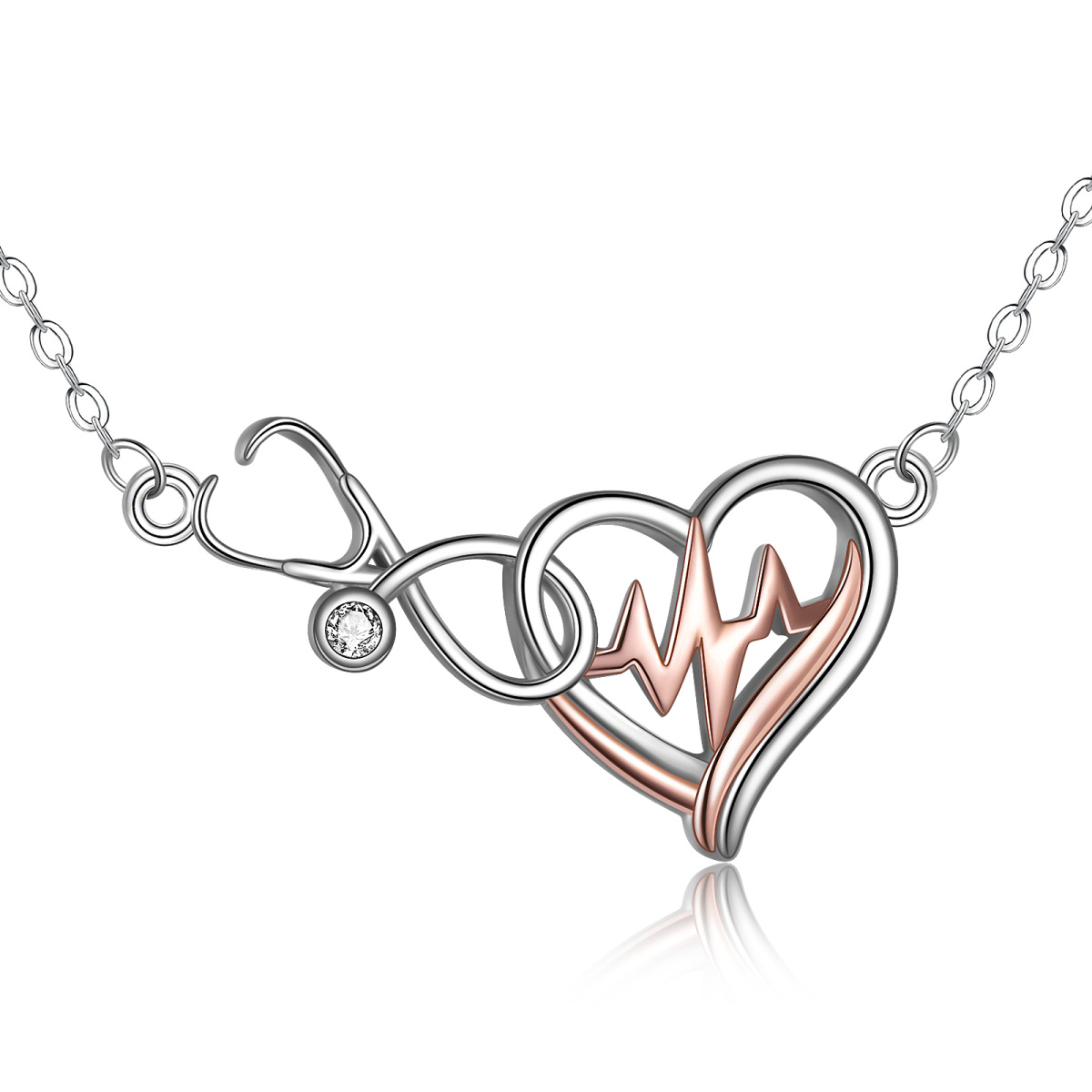 Sterling Silber zweifarbig kreisförmig Cubic Zirkonia Herz & Stethoskop Anhänger Halskette-1