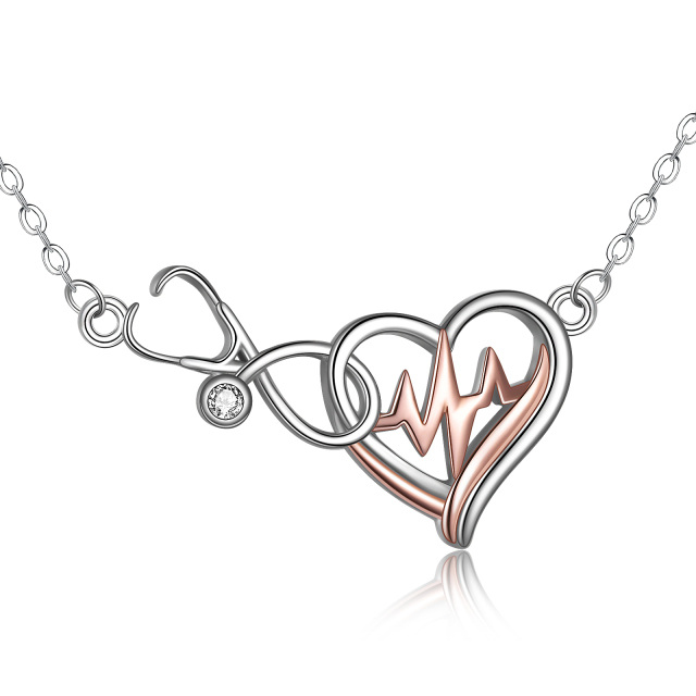 Sterling Silber zweifarbig kreisförmig Cubic Zirkonia Herz & Stethoskop Anhänger Halskette-0