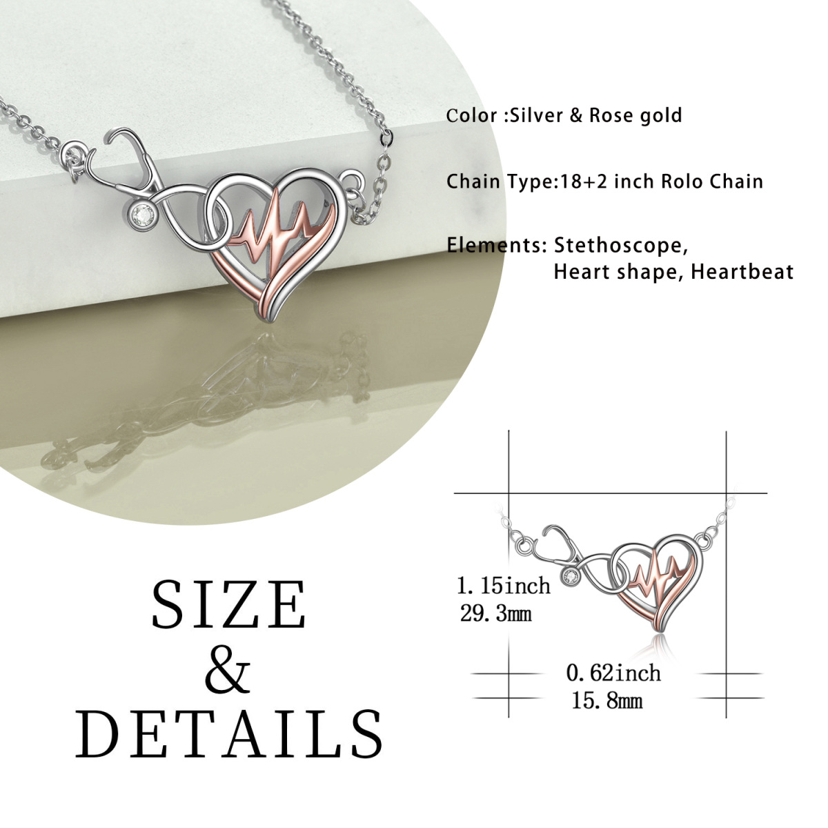 Sterling Silber zweifarbig kreisförmig Cubic Zirkonia Herz & Stethoskop Anhänger Halskette-7