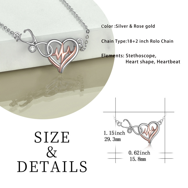 Sterling Silver Two-tone Circular Shaped Cubic Zirconia Heart & Stethoscope Pendant Necklace-6