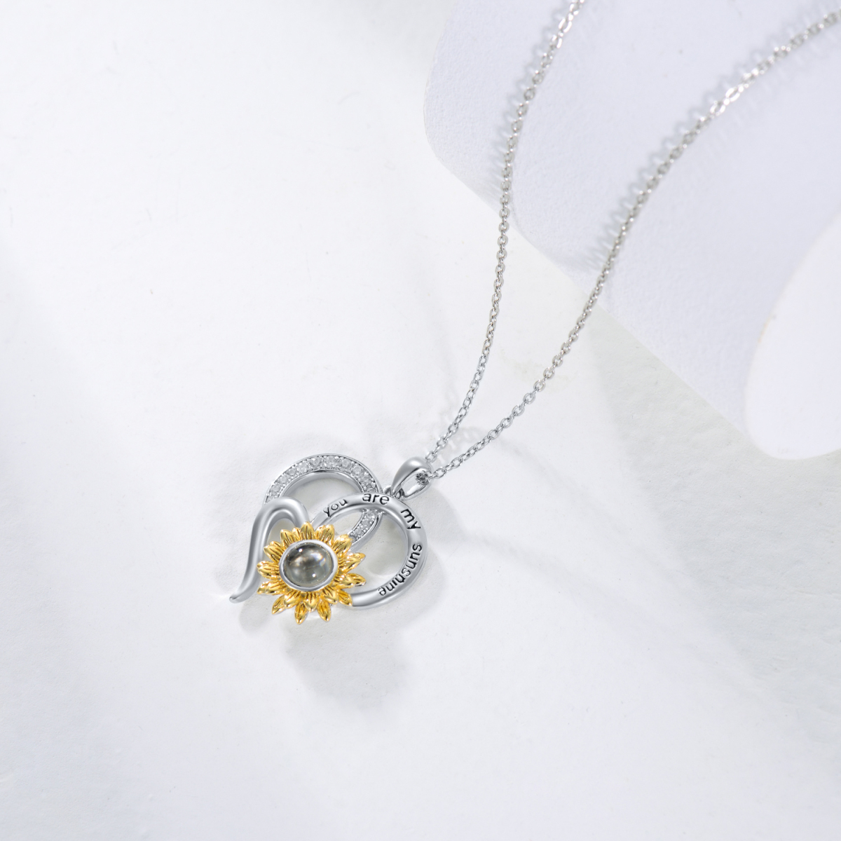 Sterling Silver Two-tone Cubic Zirconia & Projection Stone & Personalized Projection Sunflower Pendant Necklace with Engraved Word-4