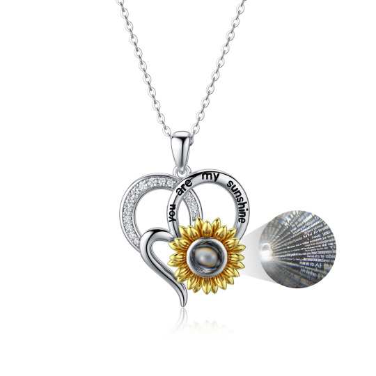 Sterling Silver Two-tone Cubic Zirconia & Projection Stone & Personalized Projection Sunflower Pendant Necklace with Engraved Word